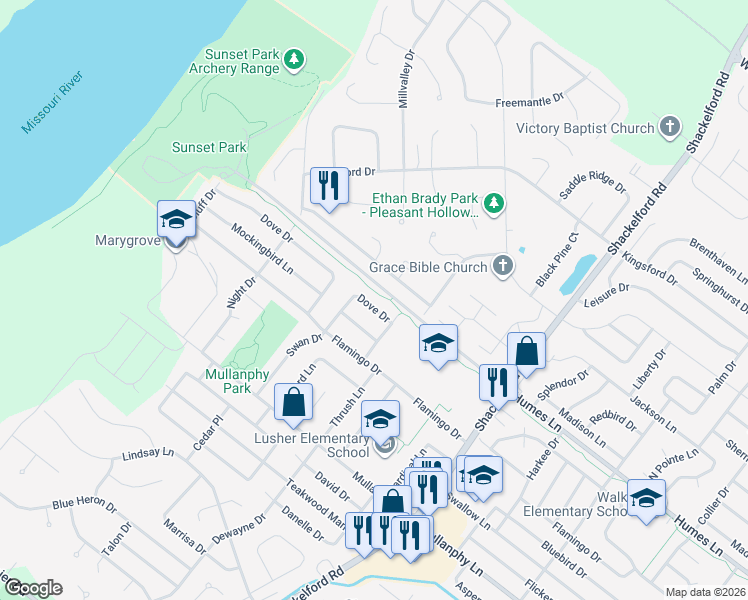 map of restaurants, bars, coffee shops, grocery stores, and more near 2325 Dove Drive in Florissant