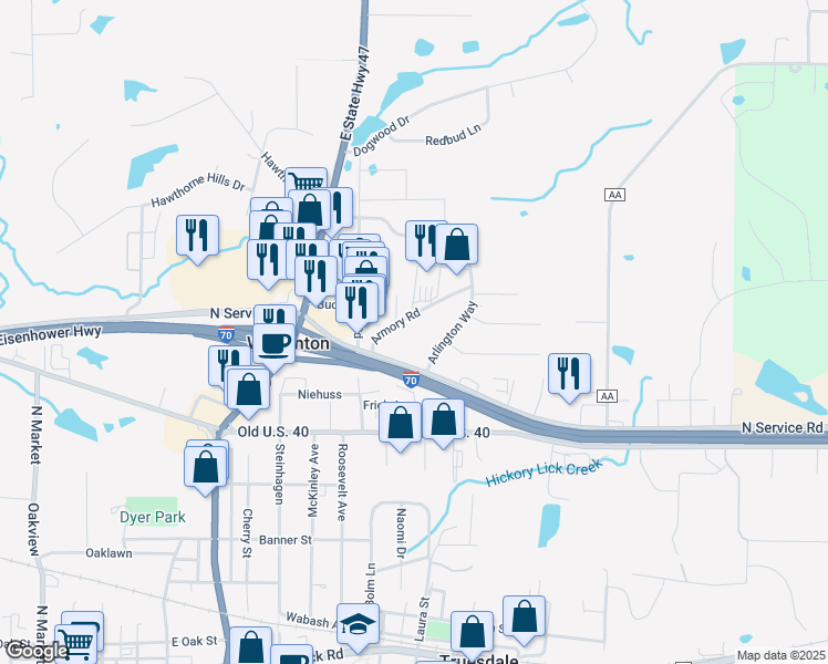 map of restaurants, bars, coffee shops, grocery stores, and more near 1 Armory Road in Warrenton
