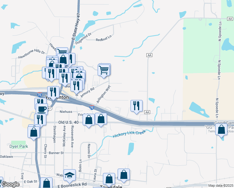 map of restaurants, bars, coffee shops, grocery stores, and more near 308 Bedford Drive in Warrenton
