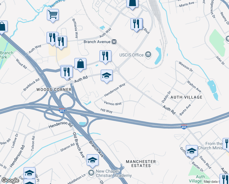 map of restaurants, bars, coffee shops, grocery stores, and more near 5421 Henderson Way in Camp Springs