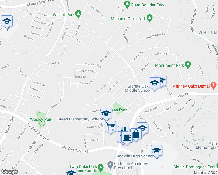 map of restaurants, bars, coffee shops, grocery stores, and more near 5148 Camden Road in Rocklin