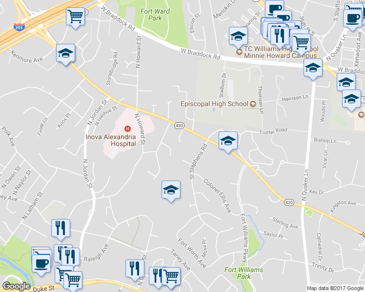 map of restaurants, bars, coffee shops, grocery stores, and more near 1409 Greenwood Place in Alexandria