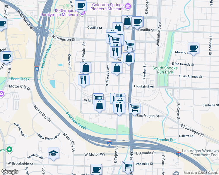 map of restaurants, bars, coffee shops, grocery stores, and more near 903 South Cascade Avenue in Colorado Springs