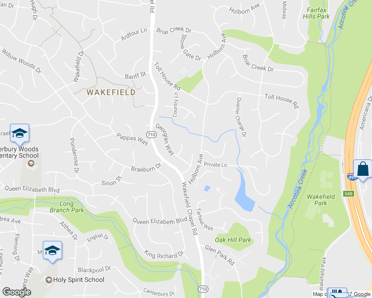 map of restaurants, bars, coffee shops, grocery stores, and more near 4707 Oak Forest Drive in Annandale