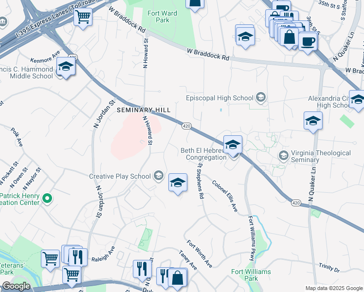 map of restaurants, bars, coffee shops, grocery stores, and more near 4111 Orleans Place in Alexandria