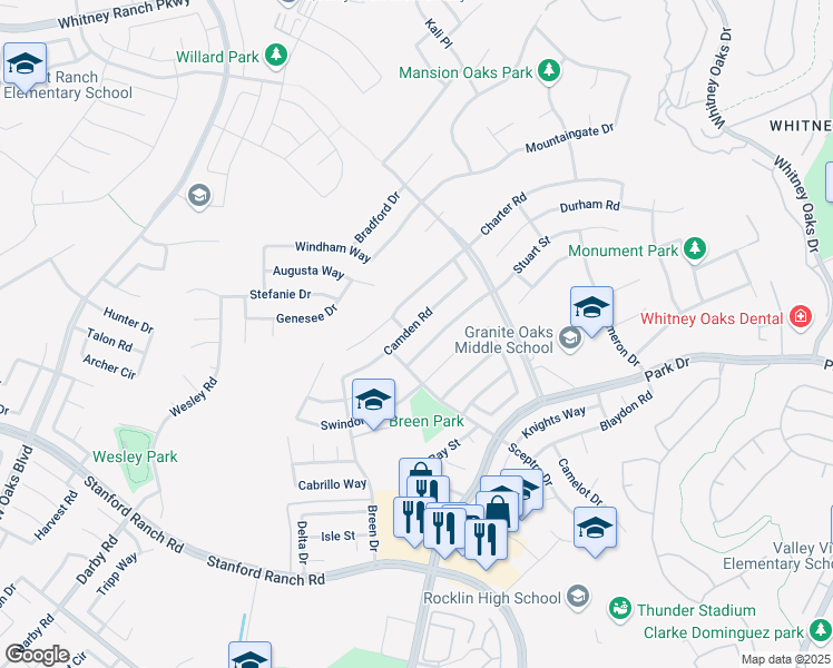 map of restaurants, bars, coffee shops, grocery stores, and more near 5141 Camden Road in Rocklin