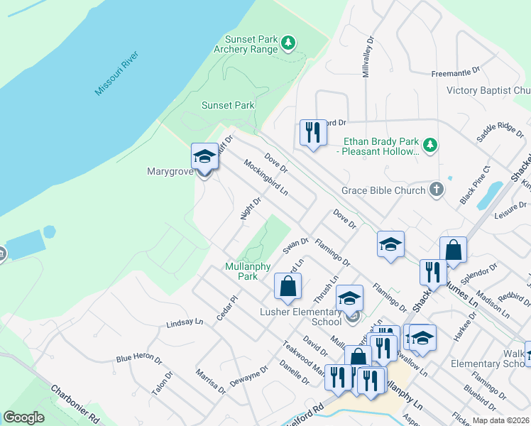 map of restaurants, bars, coffee shops, grocery stores, and more near 2560 Pheasant Drive in Florissant