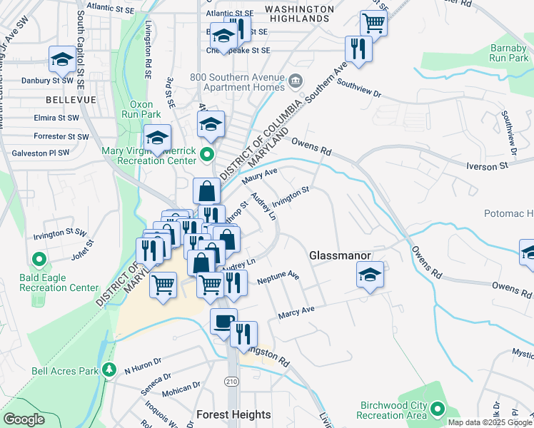 map of restaurants, bars, coffee shops, grocery stores, and more near 720 Audrey Lane in Oxon Hill