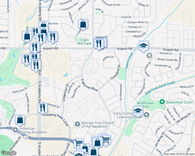 map of restaurants, bars, coffee shops, grocery stores, and more near 4234 Grassy Court in Colorado Springs