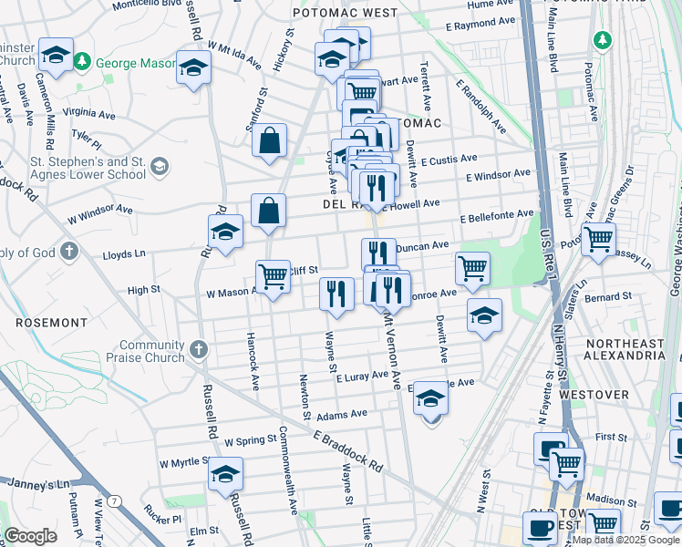 map of restaurants, bars, coffee shops, grocery stores, and more near 210 East Mason Avenue in Alexandria