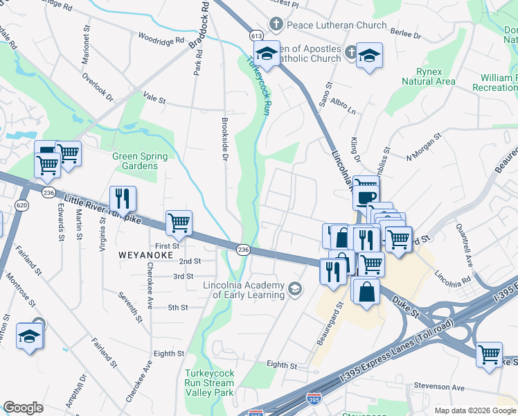 map of restaurants, bars, coffee shops, grocery stores, and more near 6499 Frenchmens Drive in Alexandria