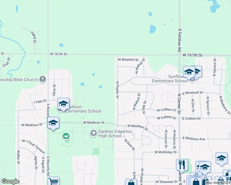 map of restaurants, bars, coffee shops, grocery stores, and more near 674 North Poplar Street in Gardner