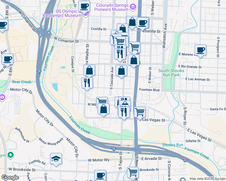 map of restaurants, bars, coffee shops, grocery stores, and more near 901 South Cascade Avenue in Colorado Springs