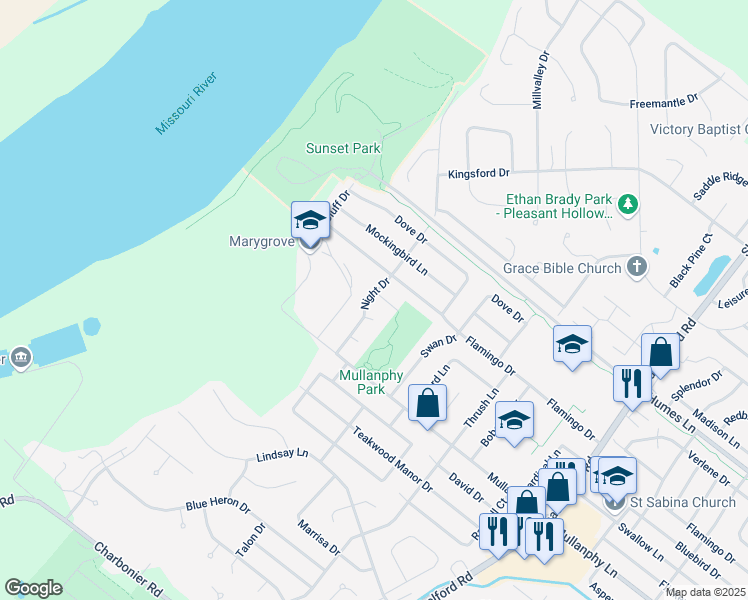 map of restaurants, bars, coffee shops, grocery stores, and more near 1360 Night Drive in Florissant