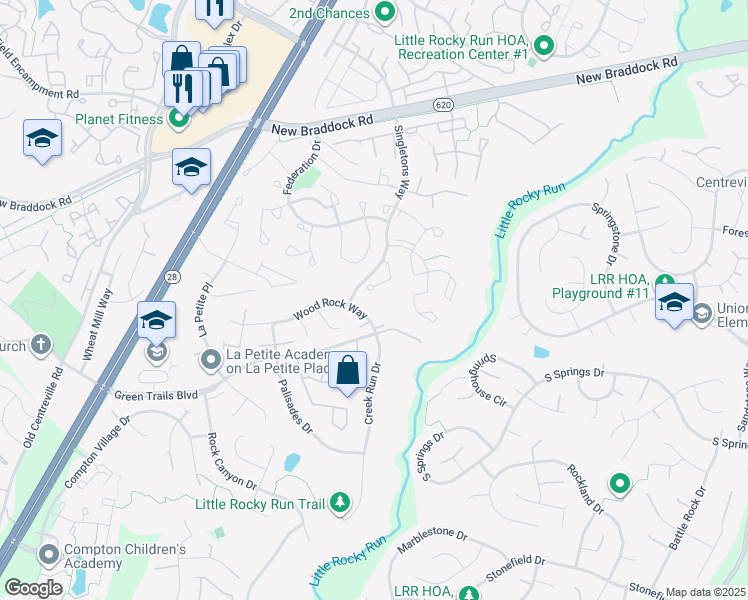 map of restaurants, bars, coffee shops, grocery stores, and more near 6353 Littlefield Court in Centreville