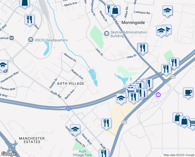 map of restaurants, bars, coffee shops, grocery stores, and more near 5001 Bridgeport Drive in Camp Springs