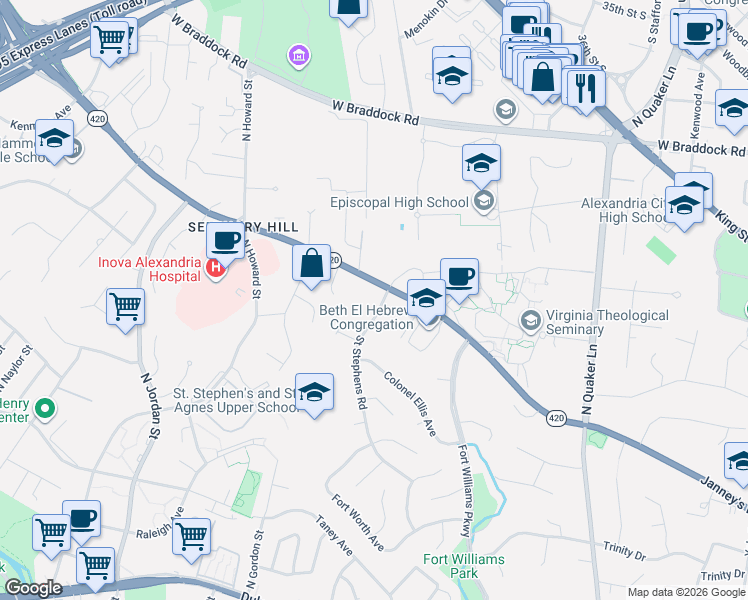 map of restaurants, bars, coffee shops, grocery stores, and more near 1212 Saint Stephens Road in Alexandria