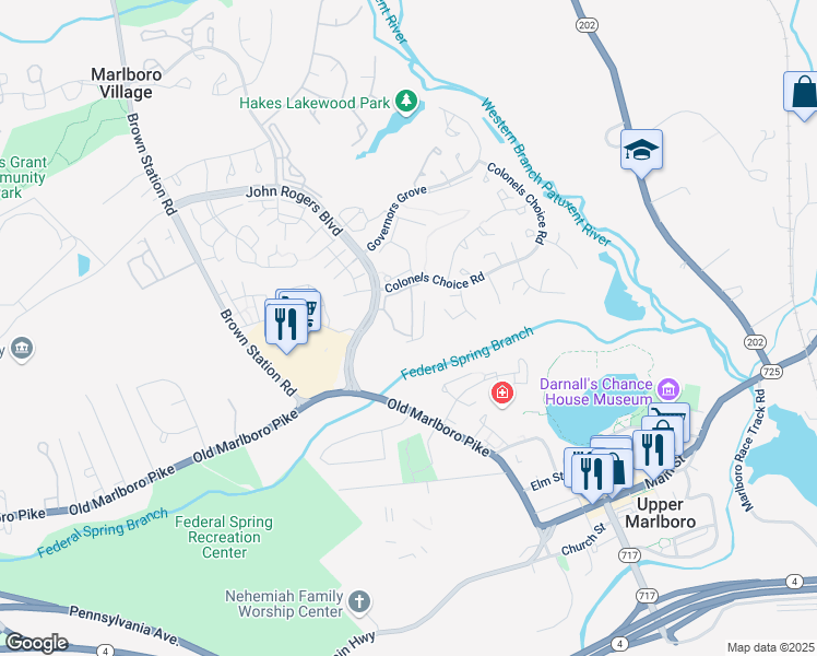 map of restaurants, bars, coffee shops, grocery stores, and more near 14261 Hampshire Hall Ct in Upper Marlboro