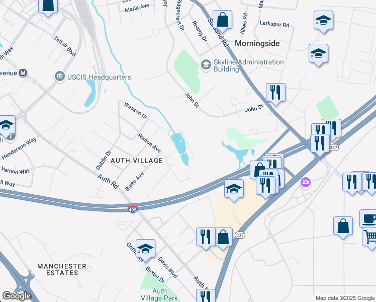 map of restaurants, bars, coffee shops, grocery stores, and more near 5001 Bridgeport Drive in Camp Springs