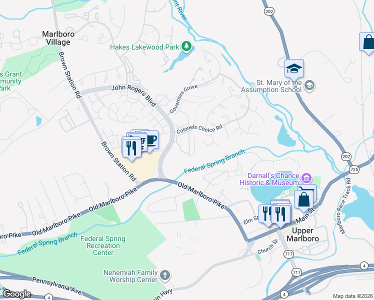 map of restaurants, bars, coffee shops, grocery stores, and more near 14263 Hampshire Hall Court in Upper Marlboro