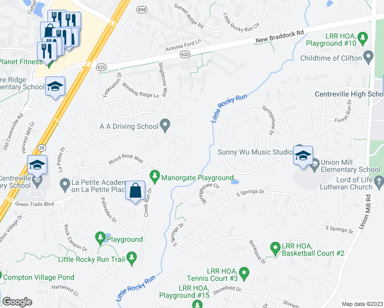 map of restaurants, bars, coffee shops, grocery stores, and more near 13928 Middle Creek Place in Centreville