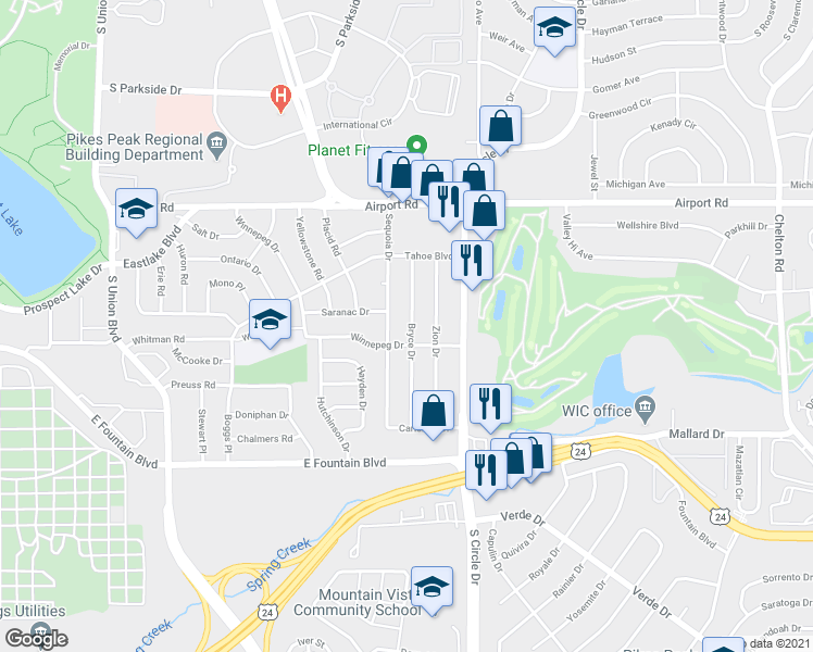 map of restaurants, bars, coffee shops, grocery stores, and more near 721 Bryce Drive in Colorado Springs