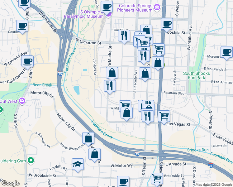 map of restaurants, bars, coffee shops, grocery stores, and more near 907 South Sierra Madre Street in Colorado Springs
