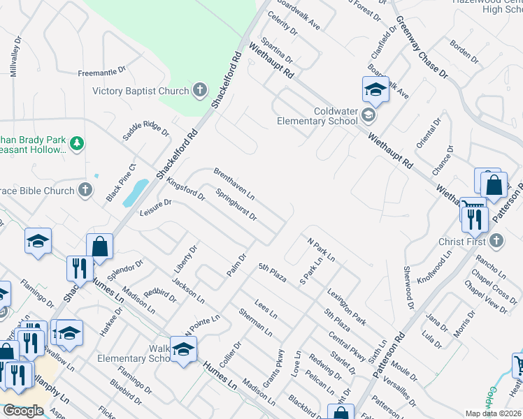 map of restaurants, bars, coffee shops, grocery stores, and more near 1258 Brenthaven Lane in Florissant