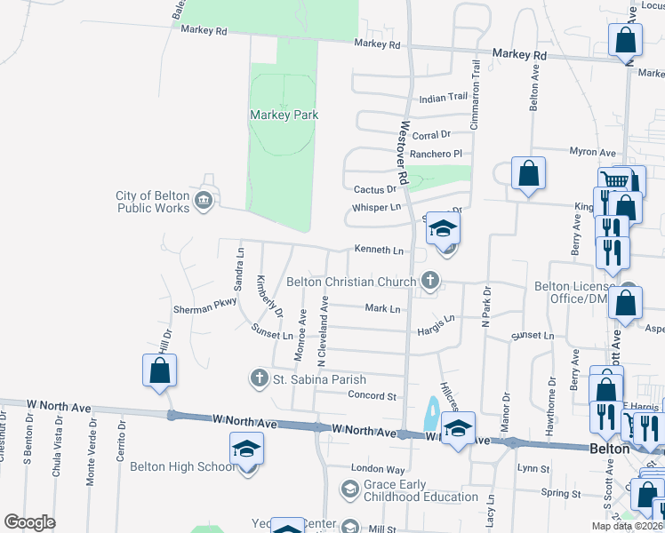 map of restaurants, bars, coffee shops, grocery stores, and more near 405 Myrtle Avenue in Belton