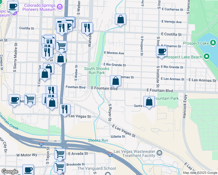 map of restaurants, bars, coffee shops, grocery stores, and more near 842 South Royer Street in Colorado Springs