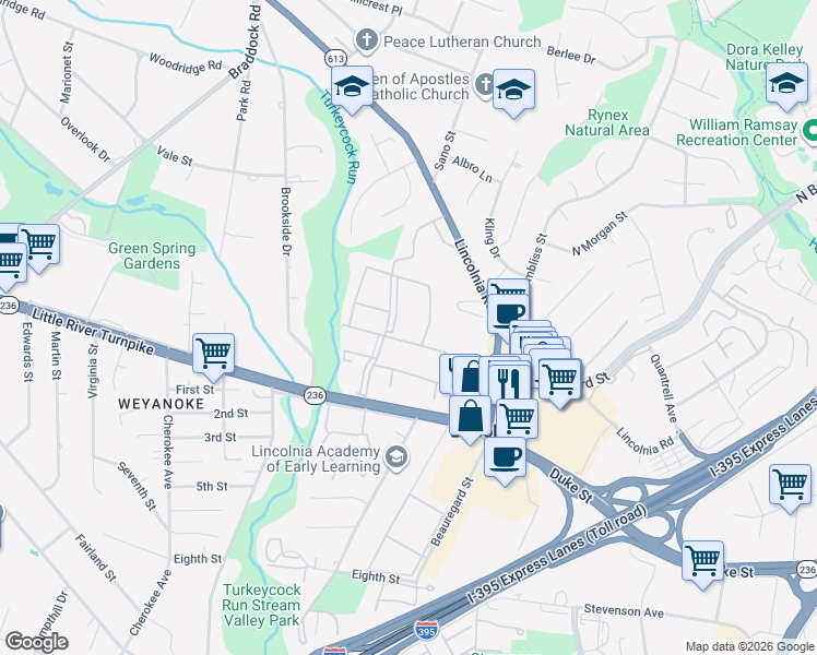 map of restaurants, bars, coffee shops, grocery stores, and more near 6340 Wingate Street in Alexandria