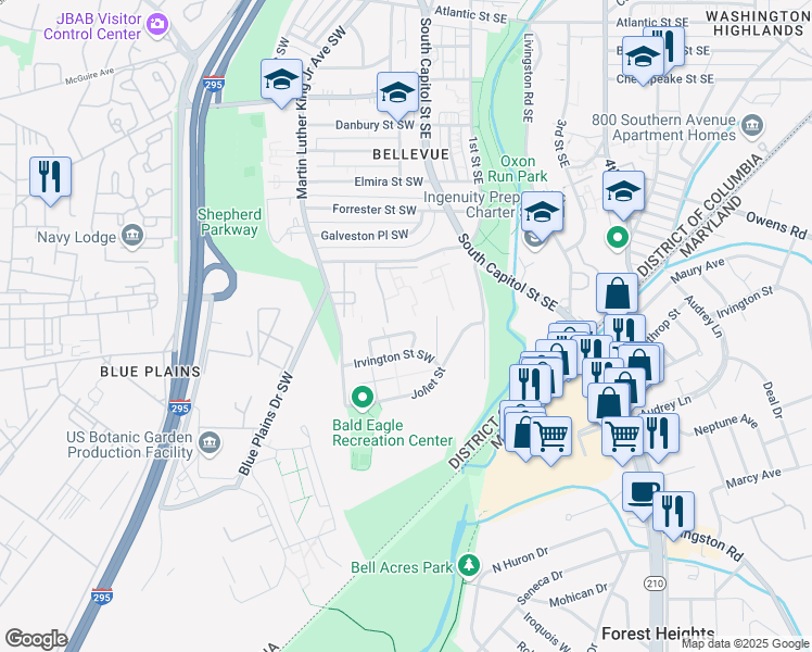 map of restaurants, bars, coffee shops, grocery stores, and more near 134 Ivanhoe Street Southwest in Washington