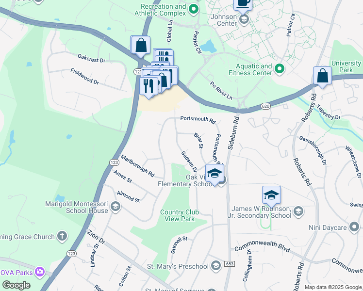 map of restaurants, bars, coffee shops, grocery stores, and more near 4915 Gadsen Drive in Fairfax