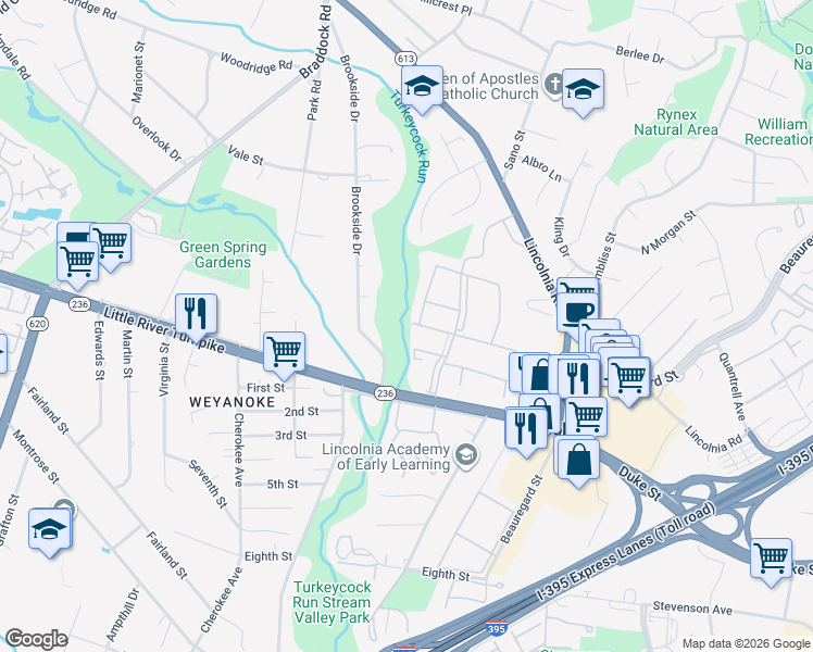 map of restaurants, bars, coffee shops, grocery stores, and more near 6499 Frenchmens Drive in Alexandria