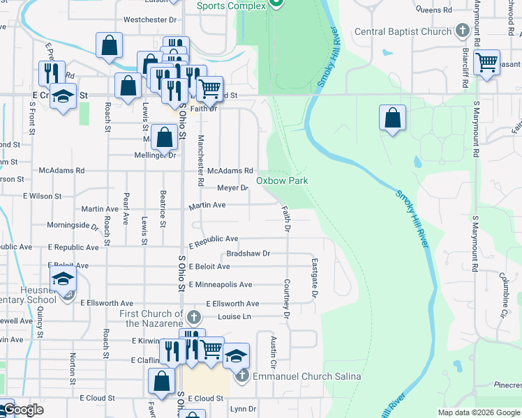 map of restaurants, bars, coffee shops, grocery stores, and more near 1405 Meyer Dr in Salina