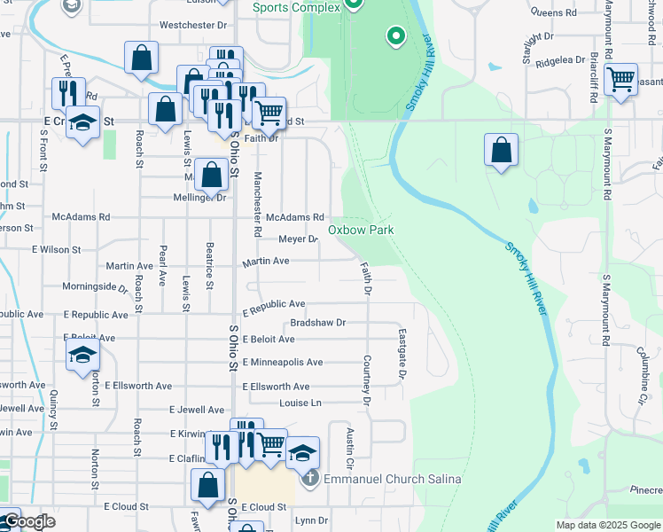 map of restaurants, bars, coffee shops, grocery stores, and more near 1405 Meyer Dr in Salina