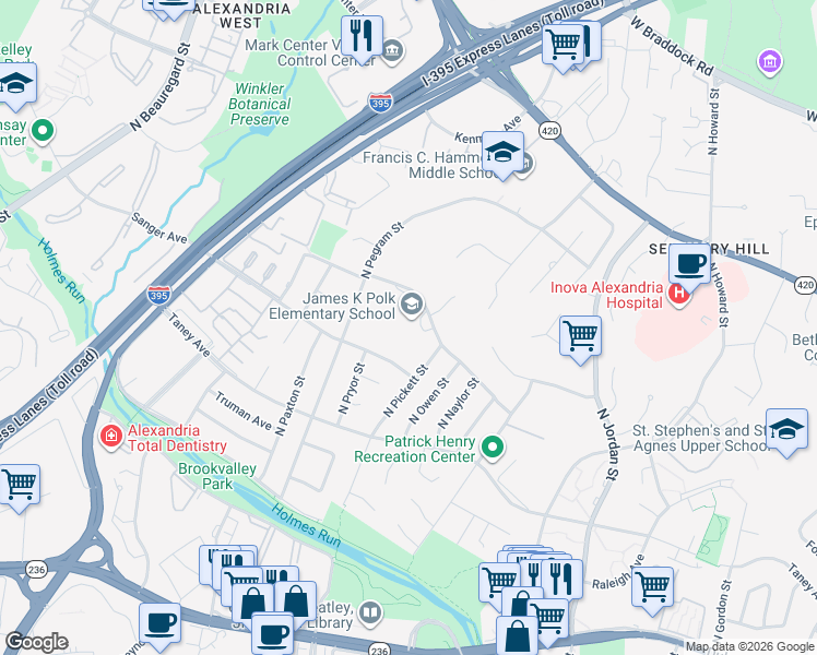 map of restaurants, bars, coffee shops, grocery stores, and more near 5000 Polk Avenue in Alexandria