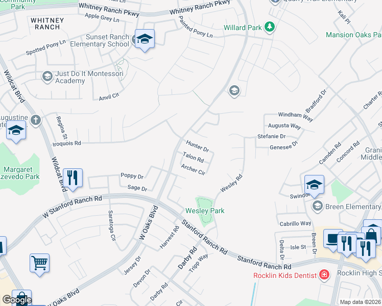 map of restaurants, bars, coffee shops, grocery stores, and more near 1821 Talon Road in Rocklin