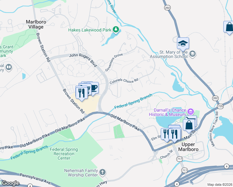 map of restaurants, bars, coffee shops, grocery stores, and more near 14263 Hampshire Hall Court in Upper Marlboro