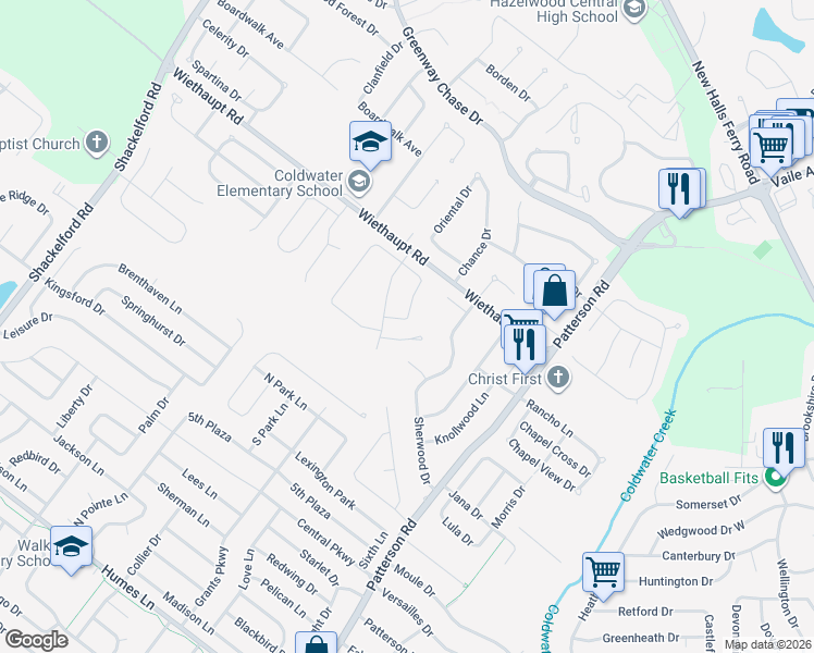 map of restaurants, bars, coffee shops, grocery stores, and more near 883 Dawnview Court in Florissant