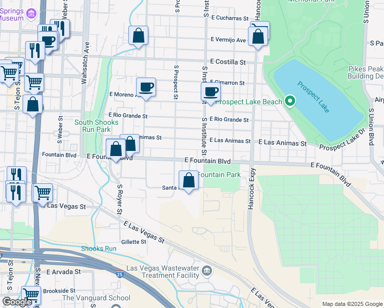 map of restaurants, bars, coffee shops, grocery stores, and more near 832 East Fountain Boulevard in Colorado Springs