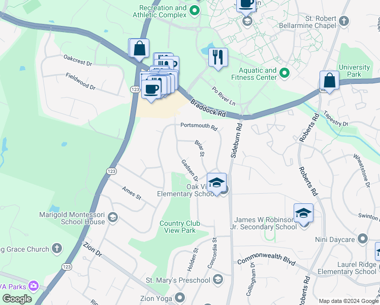 map of restaurants, bars, coffee shops, grocery stores, and more near 10602 Vennard Place in Fairfax