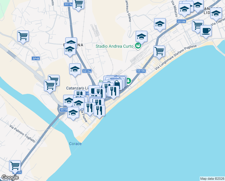 map of restaurants, bars, coffee shops, grocery stores, and more near 5 Largo Murano in Catanzaro
