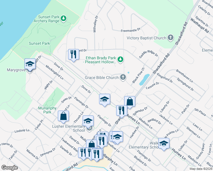 map of restaurants, bars, coffee shops, grocery stores, and more near 1905 High Sun Drive in Florissant