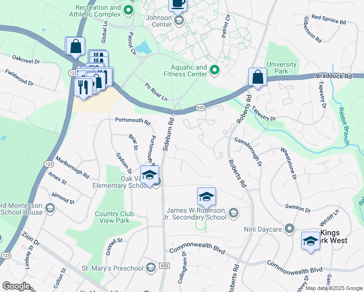 map of restaurants, bars, coffee shops, grocery stores, and more near 10423 Headly Court in Fairfax