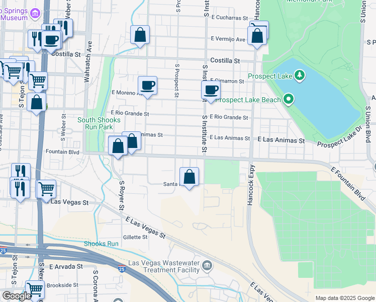 map of restaurants, bars, coffee shops, grocery stores, and more near 832 East Fountain Boulevard in Colorado Springs