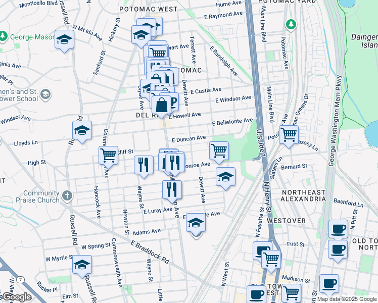 map of restaurants, bars, coffee shops, grocery stores, and more near 101 Independence Avenue Southeast in Washington