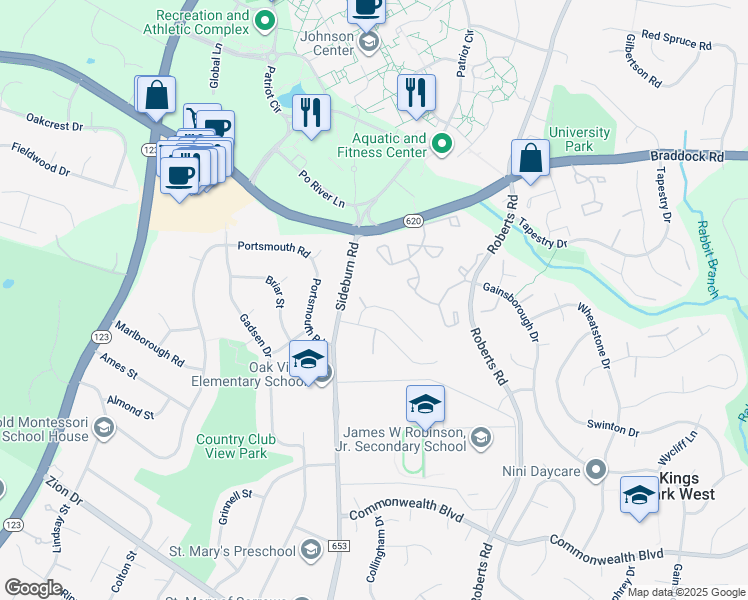 map of restaurants, bars, coffee shops, grocery stores, and more near 10423 Headly Court in Fairfax