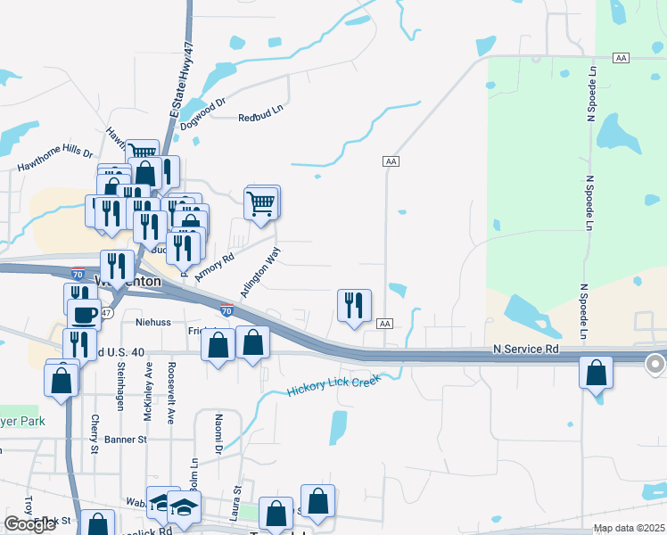 map of restaurants, bars, coffee shops, grocery stores, and more near 318 Bedford Drive in Warrenton