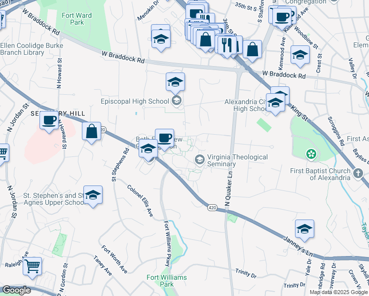 map of restaurants, bars, coffee shops, grocery stores, and more near 3737 Seminary Road in Alexandria